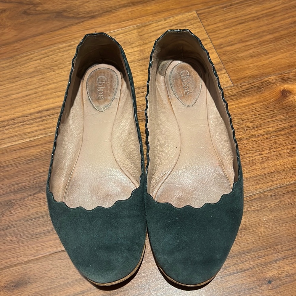 Chloe Lauren Green Suede Scalloped Flats Size 36.5